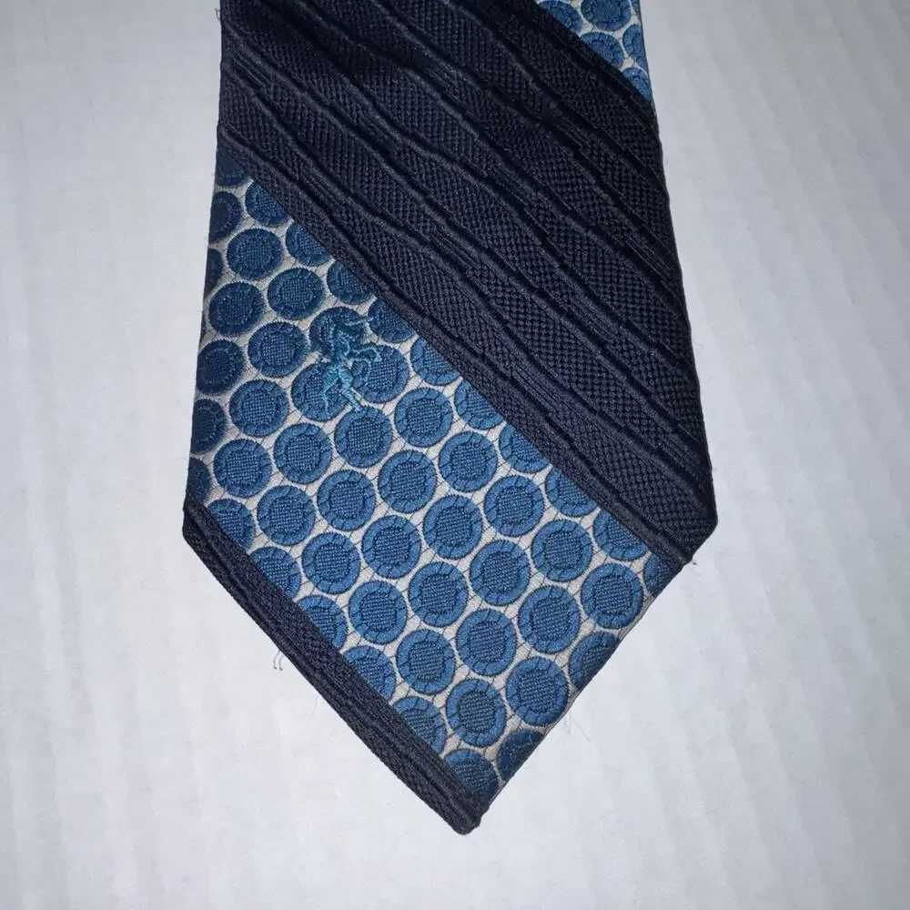 Bronzini Mens Tie Blue Jacquard Diagonal Stripe Geometric Foulard Circle Pattern